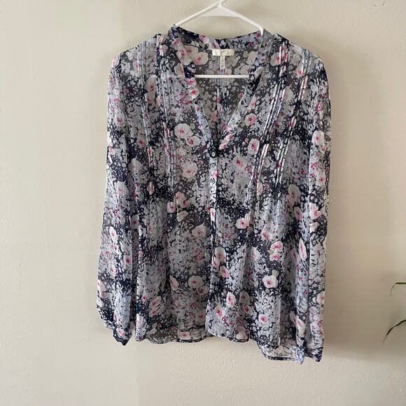 Joie Womens Silk Button-Up Blouse Small Blue Pink Floral Sheer Feminine Top - Picture 1 of 8